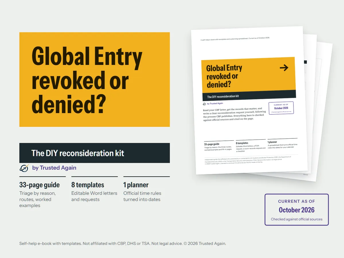 Cover of the Trusted Again kit, Global Entry Revoked or Denied? The DIY Reconsideration Kit: a 33-page fillable guide, 8 editable templates and a planner spreadsheet.